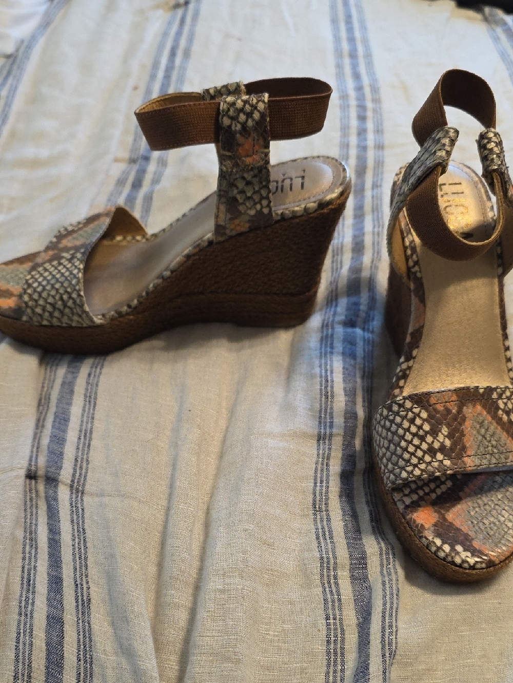 Wedge Sandals - Brown Snake Print Ankle Strap